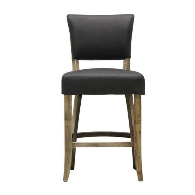 Crown Leather Barstool with Studded Back  - Aged Black