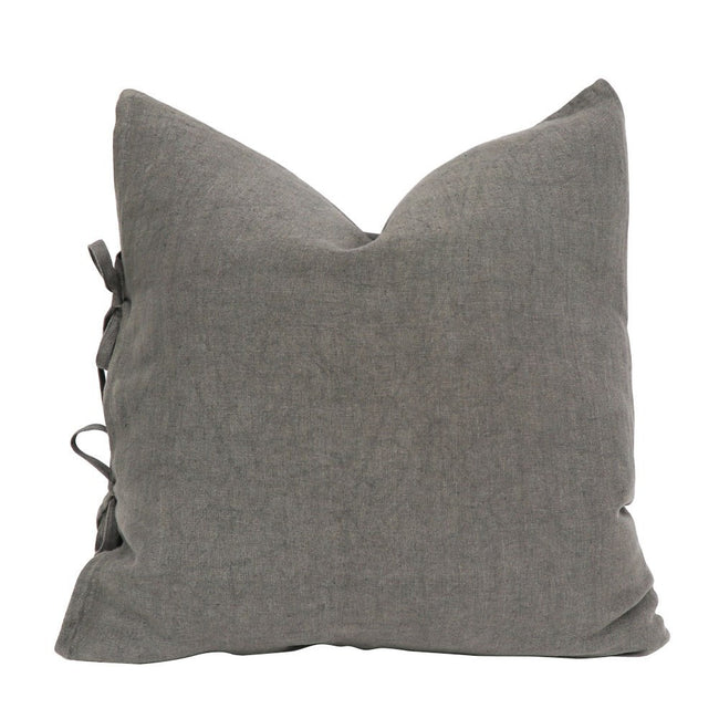 Linen Tie Cushion + Feather Inner - Charcoal