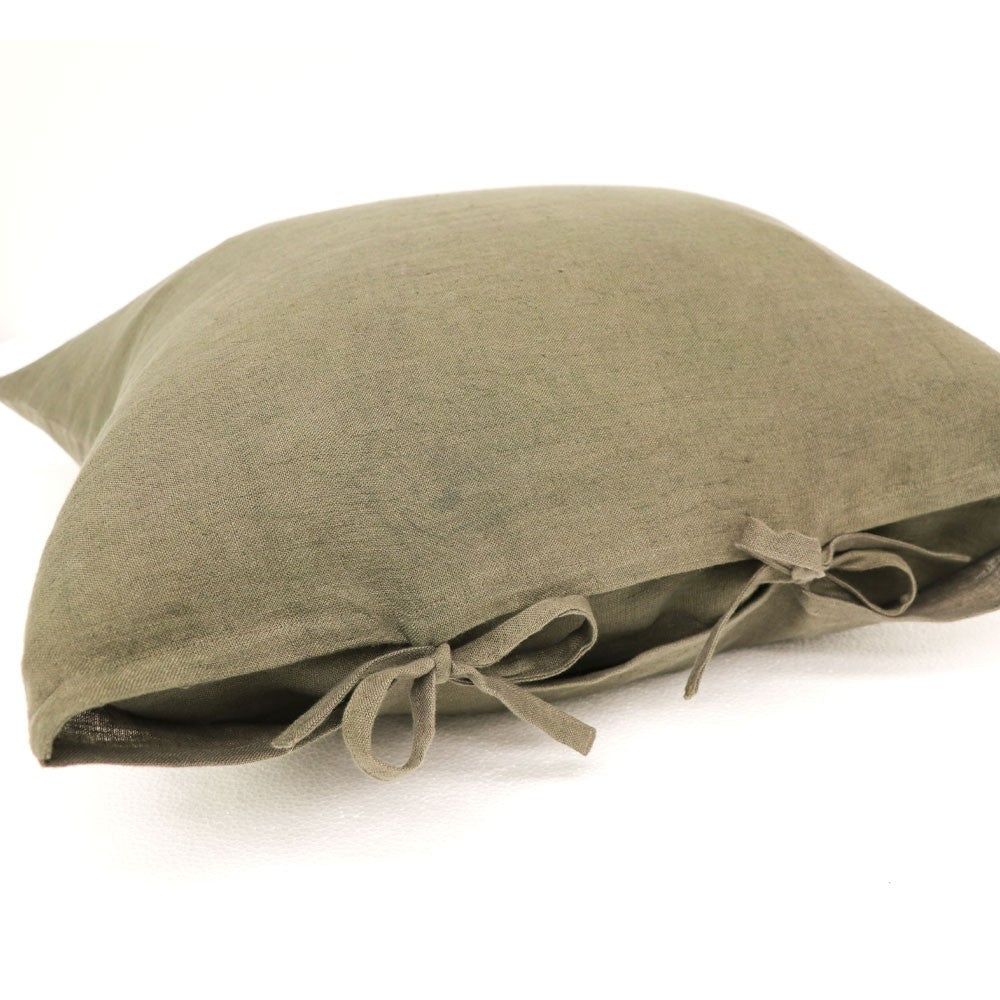 Linen Tie Cushion + Feather Inner - Olive