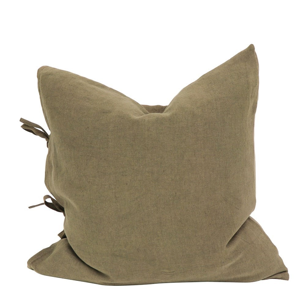 Linen Tie Cushion + Feather Inner - Olive