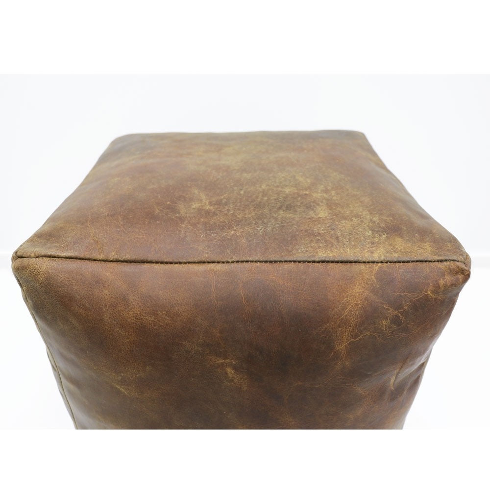 Aged Brown Square Leather Pouf