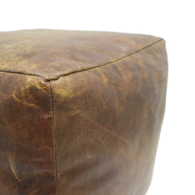 Aged Brown Square Leather Pouf