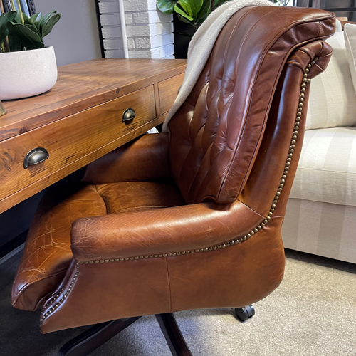 Aged Leather Button Back Office Chair - Vintage Brown