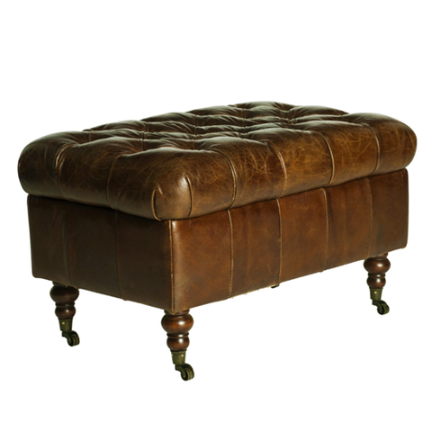 Aged Brown Leather Ottoman Footstool with Castors