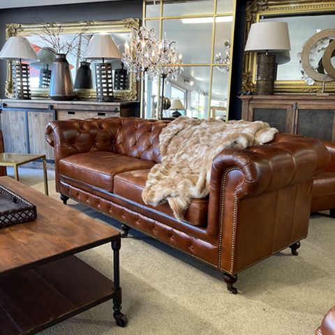 Halo Kensington Leather Chesterfield Sofa - 3 Seater - Vintage Cigar