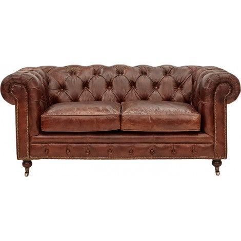 Belmont Leather Chesterfield 2 Seater Sofa - Aged Brown