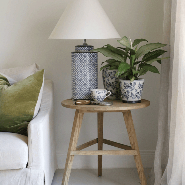 Blue & White Ceramic Cylinder Lamp with Shade