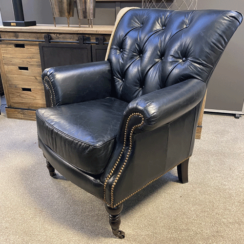 Harry Buttoned Leather Armchair with Castor Legs - Vintage Black