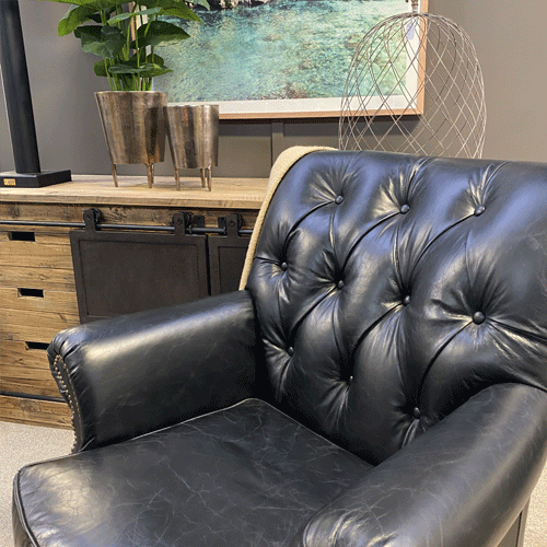 Harry Buttoned Leather Armchair with Castor Legs - Vintage Black