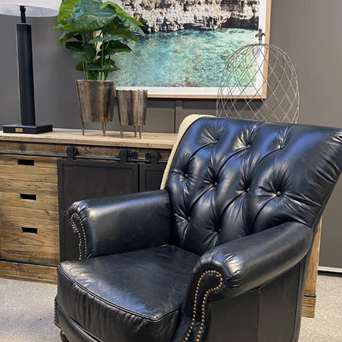 Harry Buttoned Leather Armchair with Castor Legs - Vintage Black