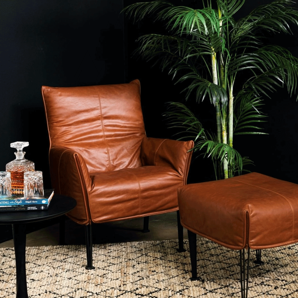Hugo Steel Chair with Footstool in Tasman New Zealand Leather - NZ Made