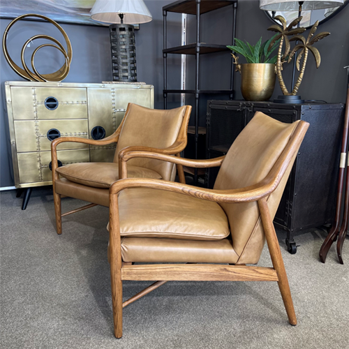 Juniper Armchair in tan leather with timber arms