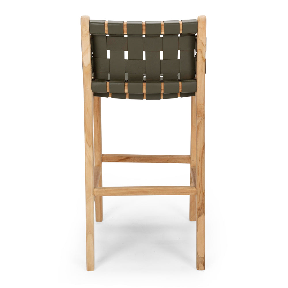 Woven Leather Barstool - Olive - With Back