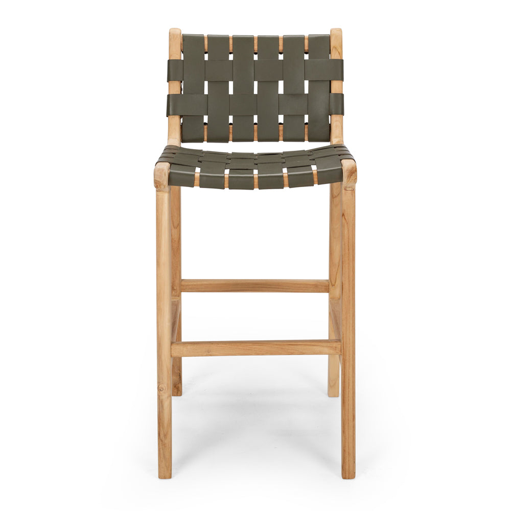 Woven Leather Barstool - Olive - With Back