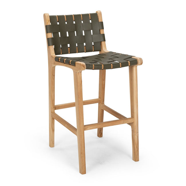 Woven Leather Barstool - Olive - With Back