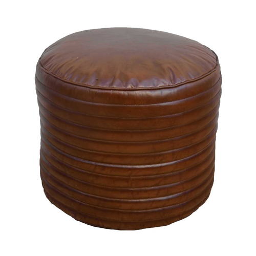 Ridged Brown Leather Pouf - Round