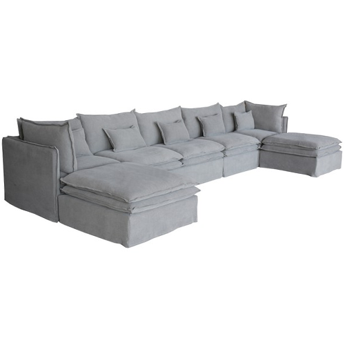 St Lucia Linen Slipcover Modular Sofa - Cnr + 2 + 1 + Cnr + 2 Ottomans - Grey