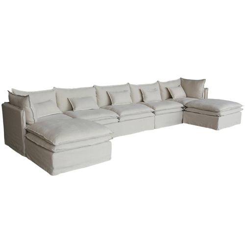 St Lucia Linen Slipcover Modular Sofa Cnr + 2 + 1 + Cnr + 2 Ottomans - Natural