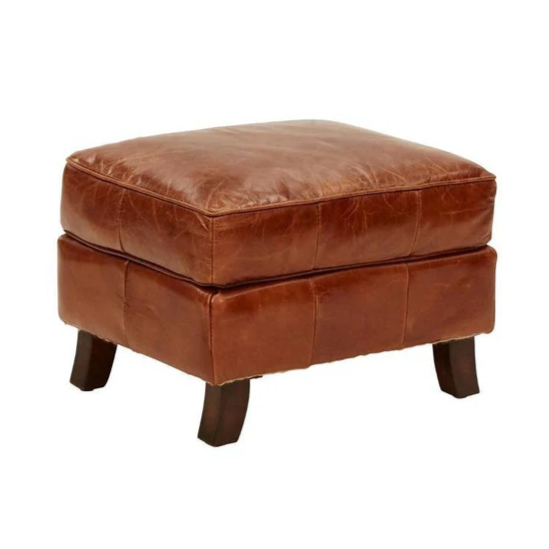 Stanwick Leather Footstool Ottoman - Aged Brown