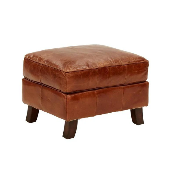 Stanwick Leather Footstool Ottoman - Aged Brown