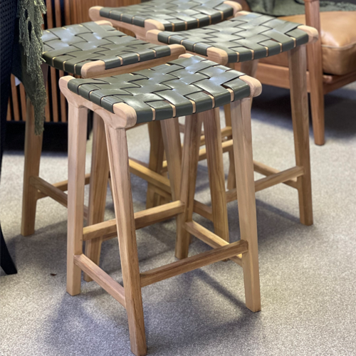 Woven Leather Barstool - Olive