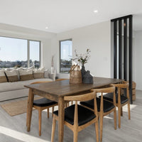 elbow dining chairs in oak with black seat