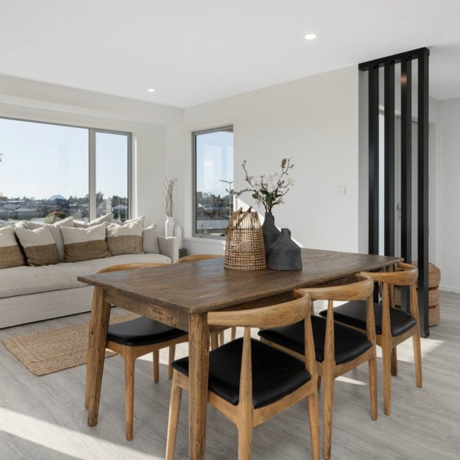 elbow dining chairs in oak with black seat