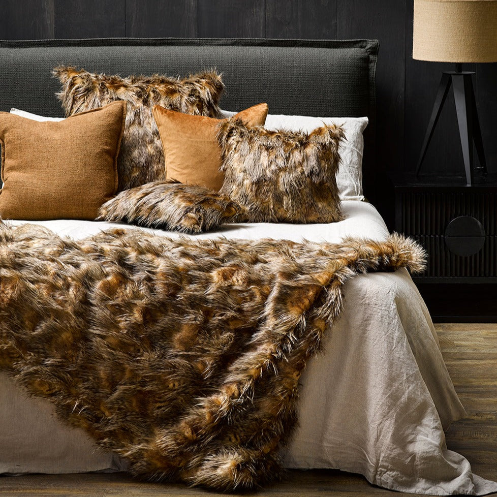 Red faux shop fur throw pillow